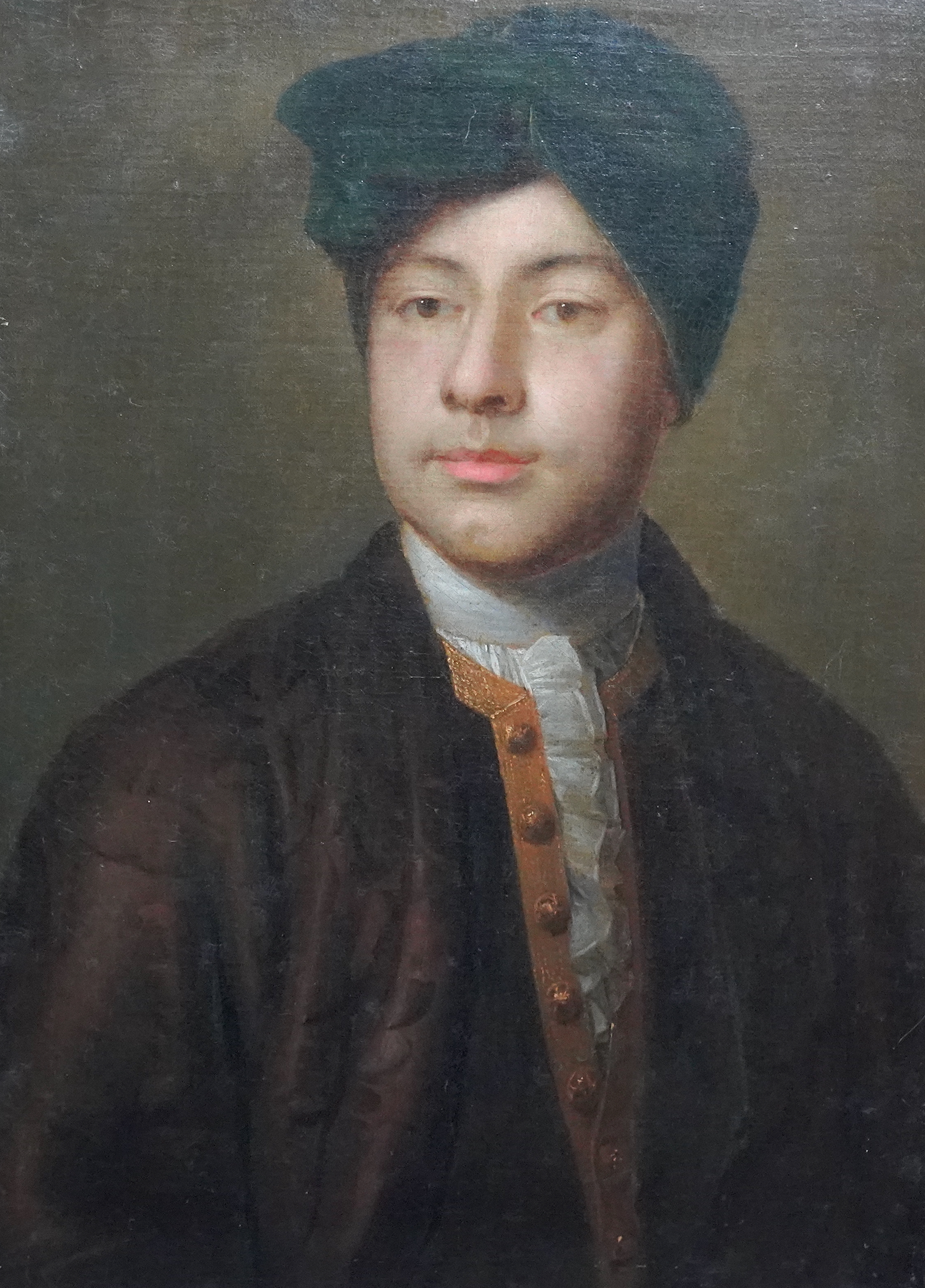 18th century English School , Half length portrait of a gentleman wearing a green turban, oil on canvas, 57 x 40cm